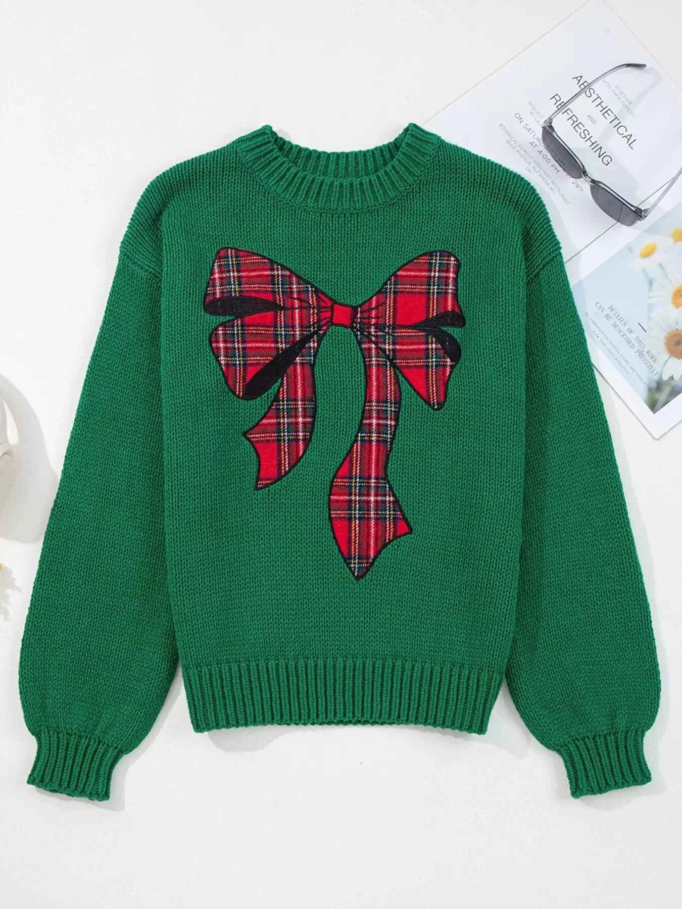 Plaid Bow Graphic Christmas Sweater 5759ee5086cb484a927b435eb7abb9af-Max-Origin