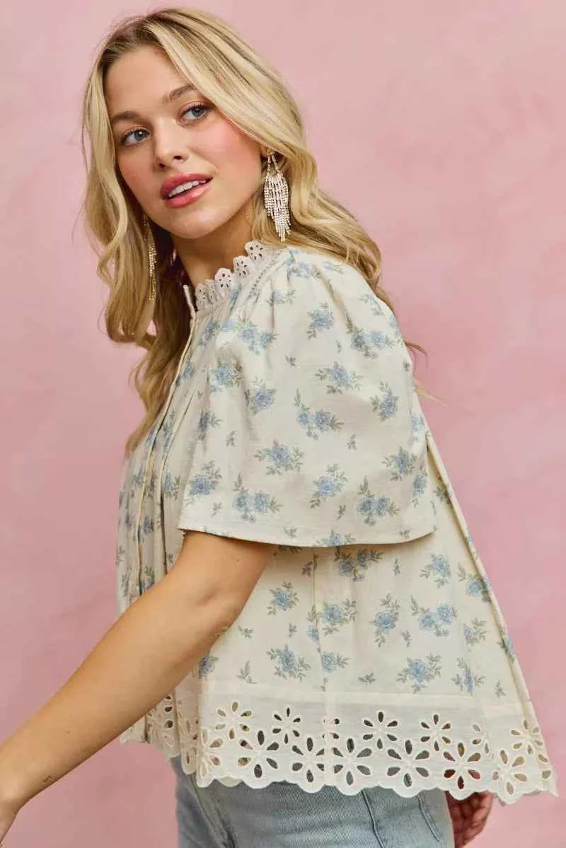 SO ME Floral Print Lace Trim Flutter Sleeves Blouse 575ba9d8-1a7e-43a9-99fa-367b73c99126-Max-Origin