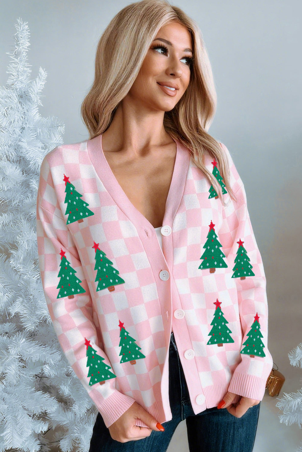 Red Checkered Christmas Tree Pattern Button V Neck Knit Cardigan 575dc43960d78a06