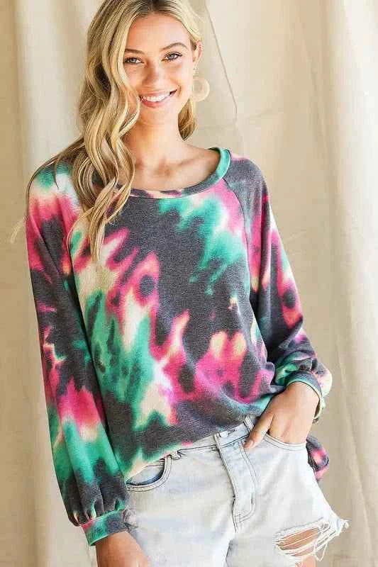 Tie Dye Print Terry Top with Puff Sleeves 576426c828194382adfa312b584d4096-Max-Origin