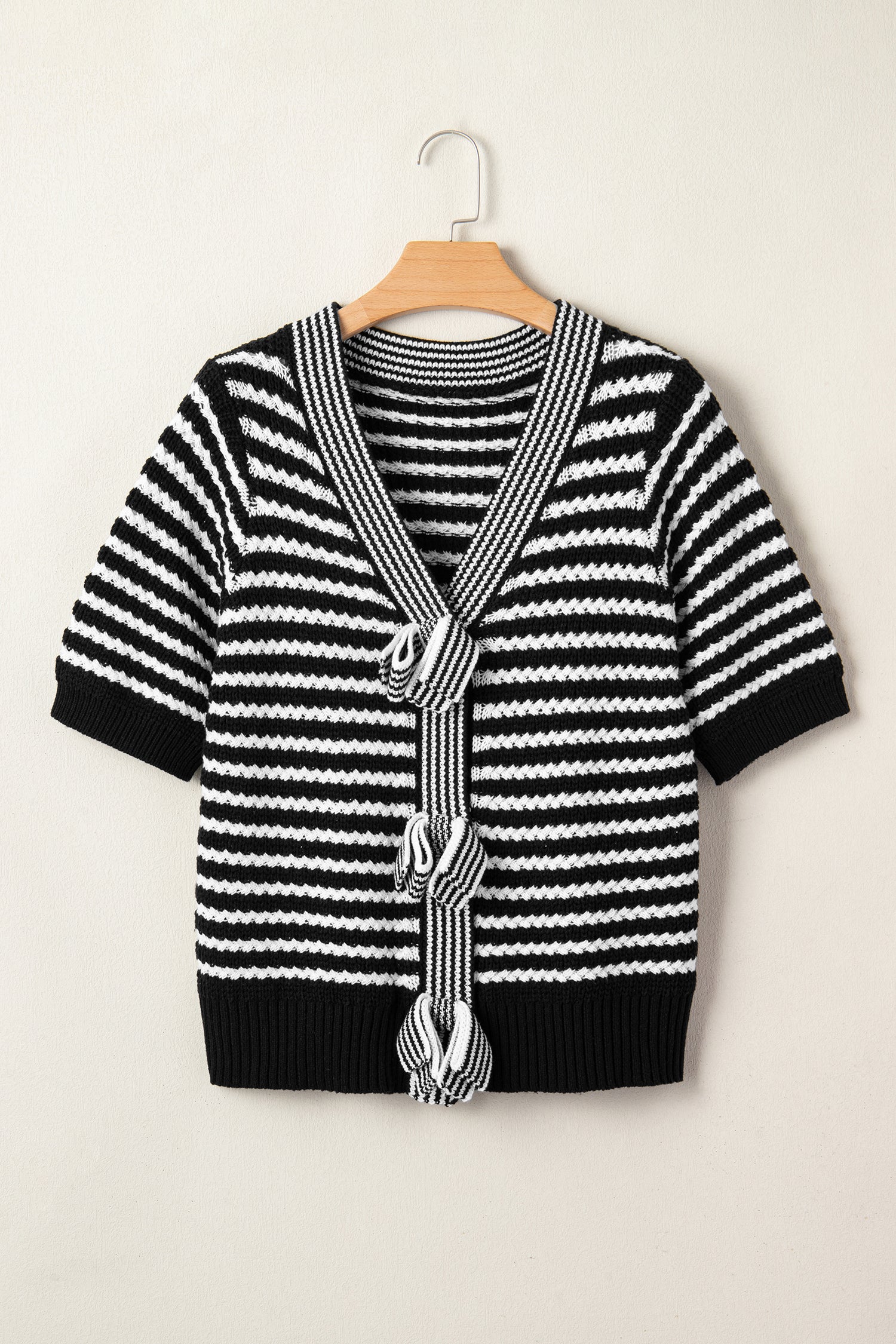 Green Stripe Short Sleeve Knit V Neck Bow Knot Sweater 576430478e4d522e