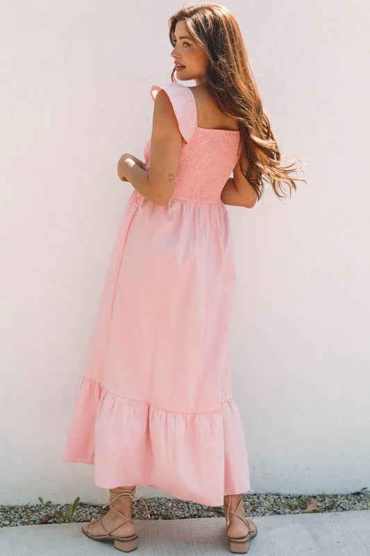 Solid V-Neck Flutter Sleeve Ruffle Maxi Dress 5764f39e-8592-42c1-8680-8d148f1cf496