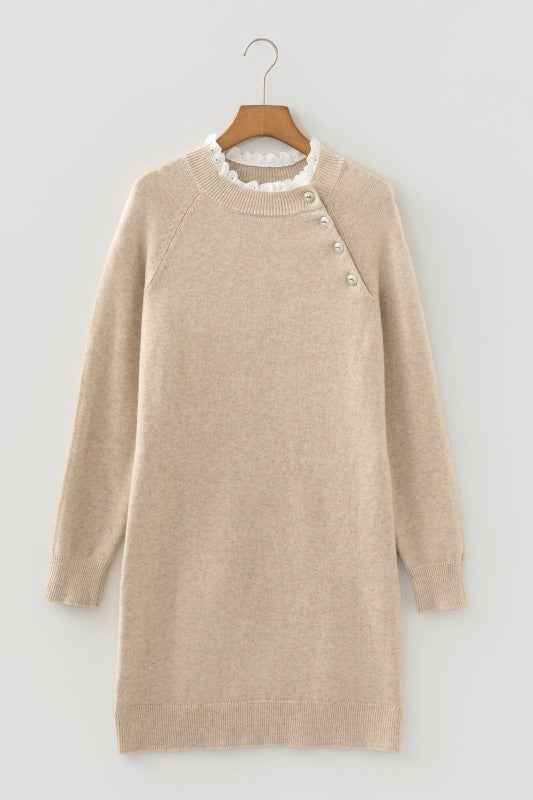 Lace Trim Buttoned Raglan Sleeve Sweater Dress Parchment 576822bc-1b20-4830-8957-3a8ff42d81df