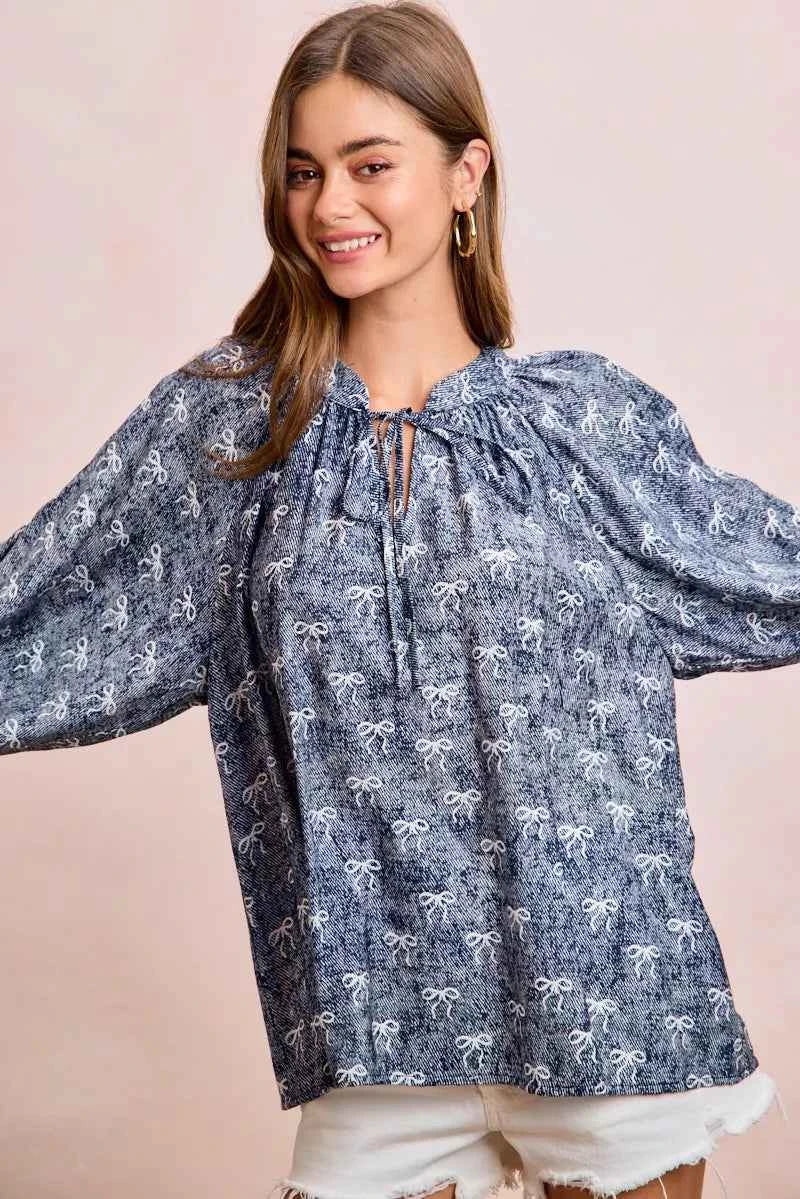 BiBi Ribbon Bow Print Exaggerated Balloon Sleeves Top 576931b747aa46879b6dfb38d7d652ba-Max-Origin