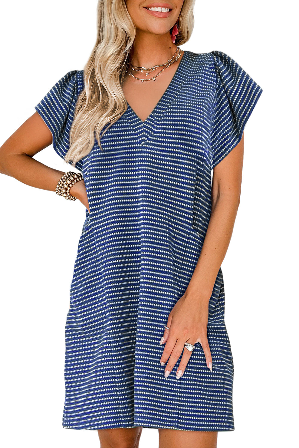 Blue Stripe Textured Knit V Neck Flutter Sleeve Shift Mini Dress 576bcde2abbde17d
