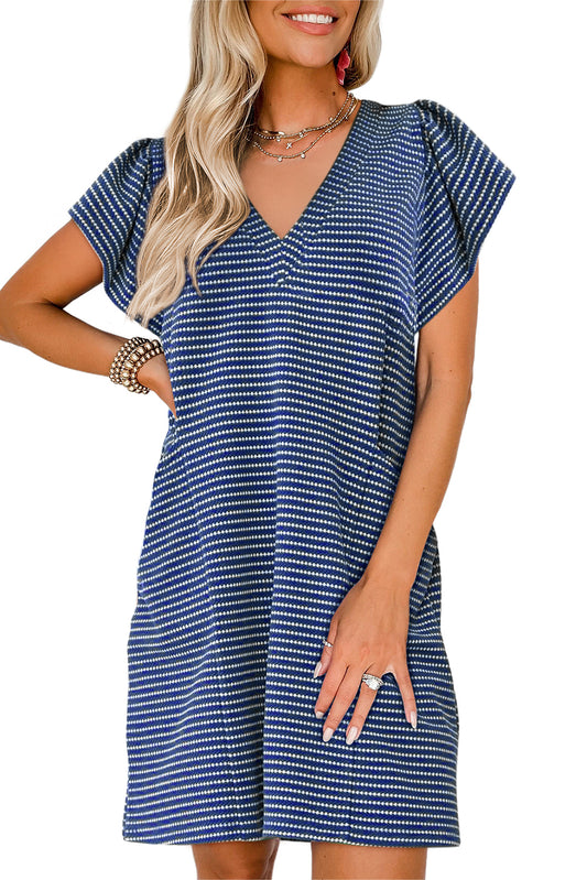 Blue Stripe Textured Knit V Neck Flutter Sleeve Shift Mini Dress 576bcde2abbde17d