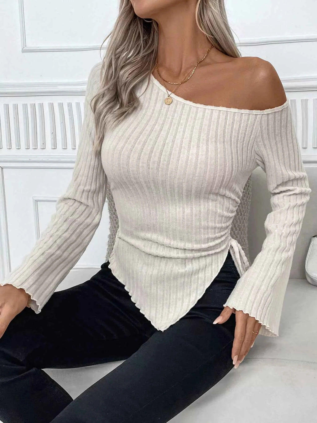 Ribbed One Shoulder Asymmetrical Hem T-Shirt 576eca45a45445d083bf51a182721b05-Max-Origin