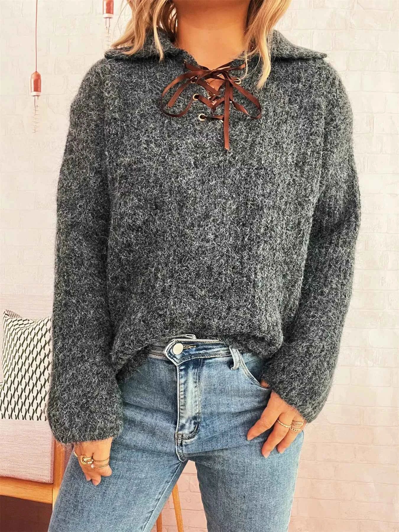 Lace Up Long Sleeve Sweater Dark Gray One Size 5771fa96cf024f918c3fbad32e12f1ec-Max-Origin