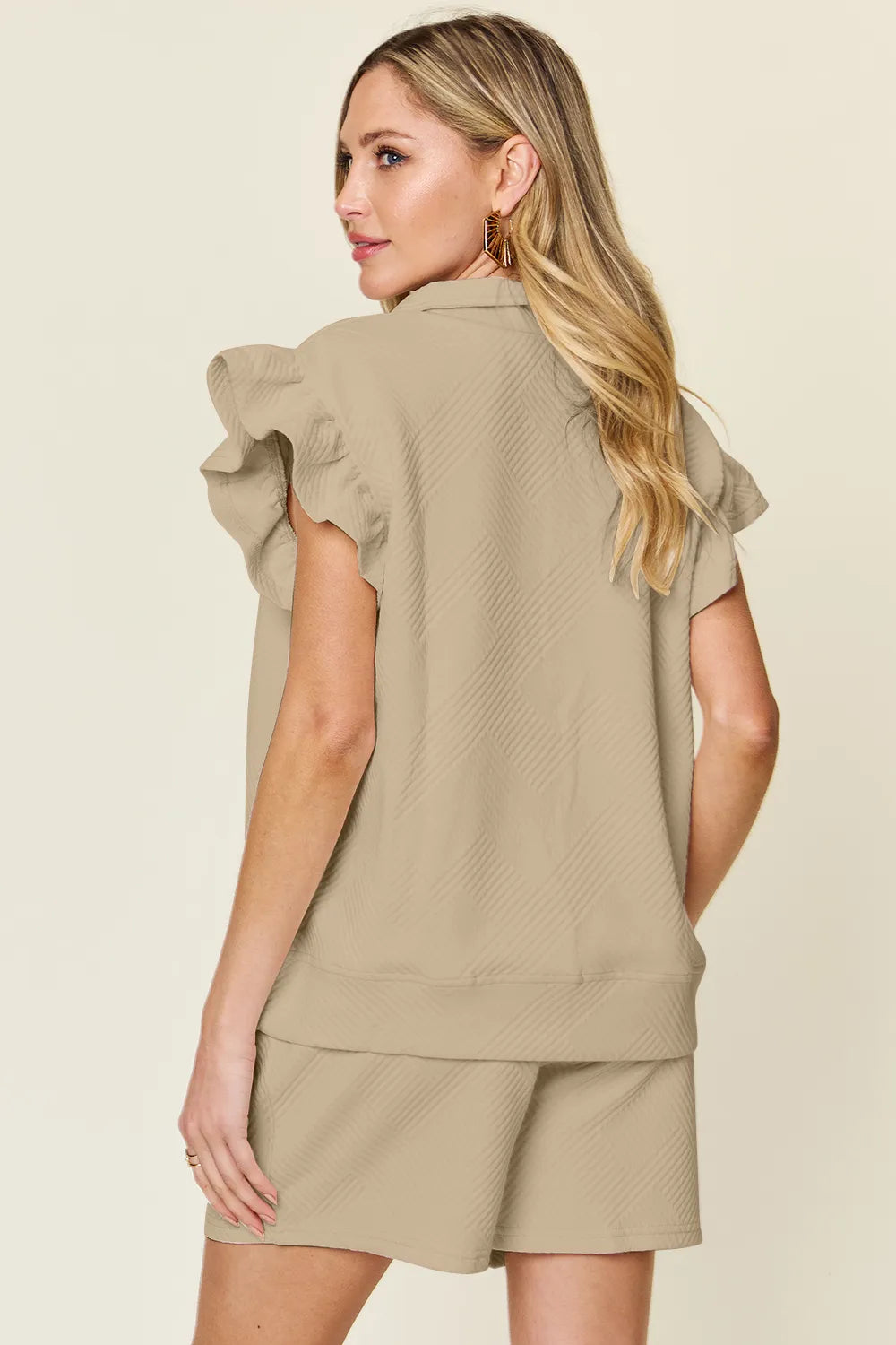 Double Take Full Size Texture Flounce Sleeve Top and Drawstring Shorts Set 5772bcdf-932c-4bde-be46-bb8534ca9126-Max