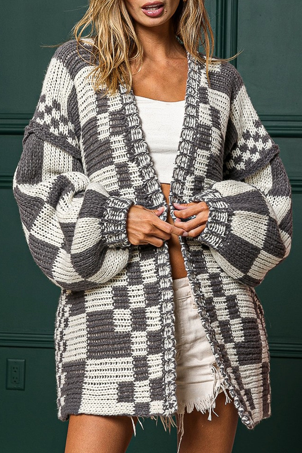 Dark Grey Colorblock Checked Loose Fit Open Front Knitted Cardigan Dark Grey 100%Acrylic 57733488d4ae9077