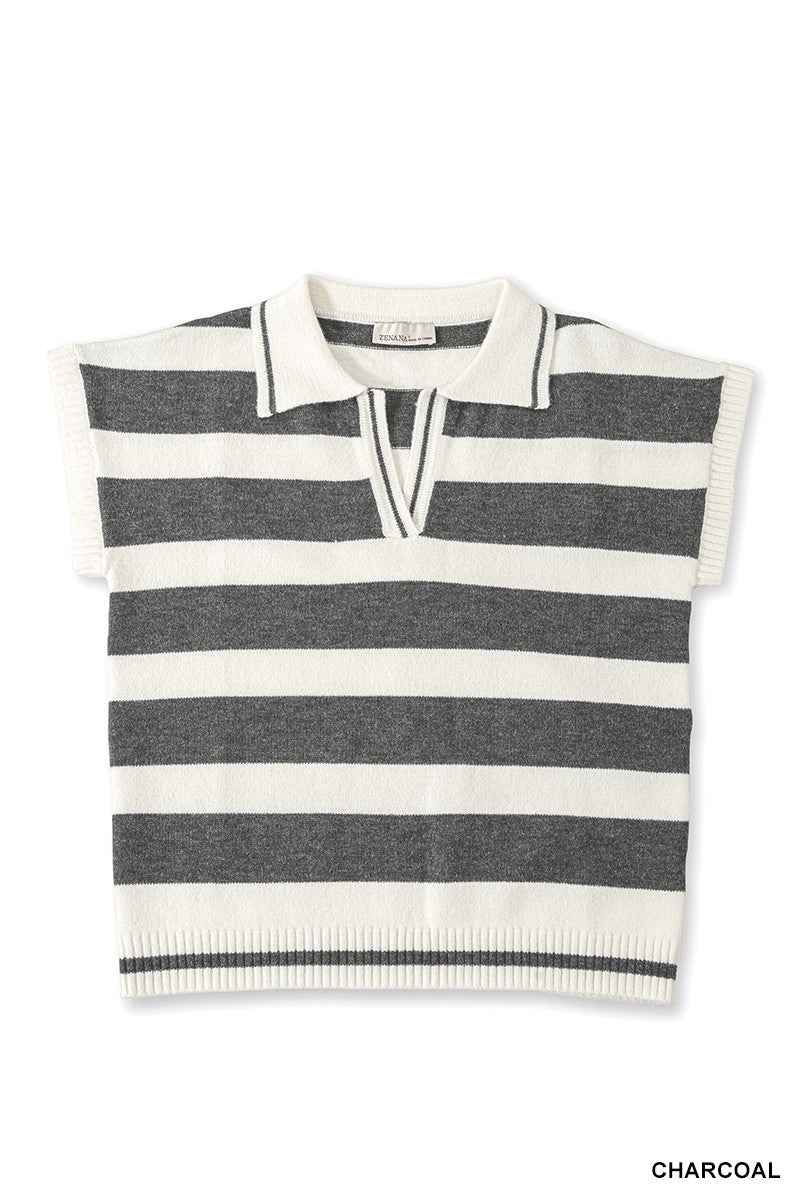 Zenana Striped Collared Short Sleeve Sweater 5779c1ecc93a4629827fa93008590610-Max