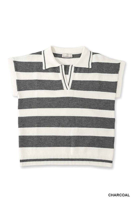 Striped Collared Short Sleeve Sweater 5779c1ecc93a4629827fa93008590610-Max