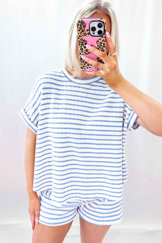 Sky Blue Striped Print Short Sleeve Top and Pocket Shorts Set 577c1f8b7dc967ef