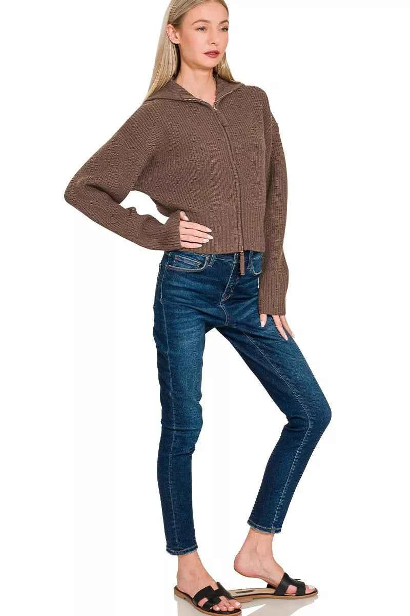 Zenana Ribbed Collared Zip Up Sweater Cardigan 577e1343572a4f14988d96416deb0cda-Max-Origin