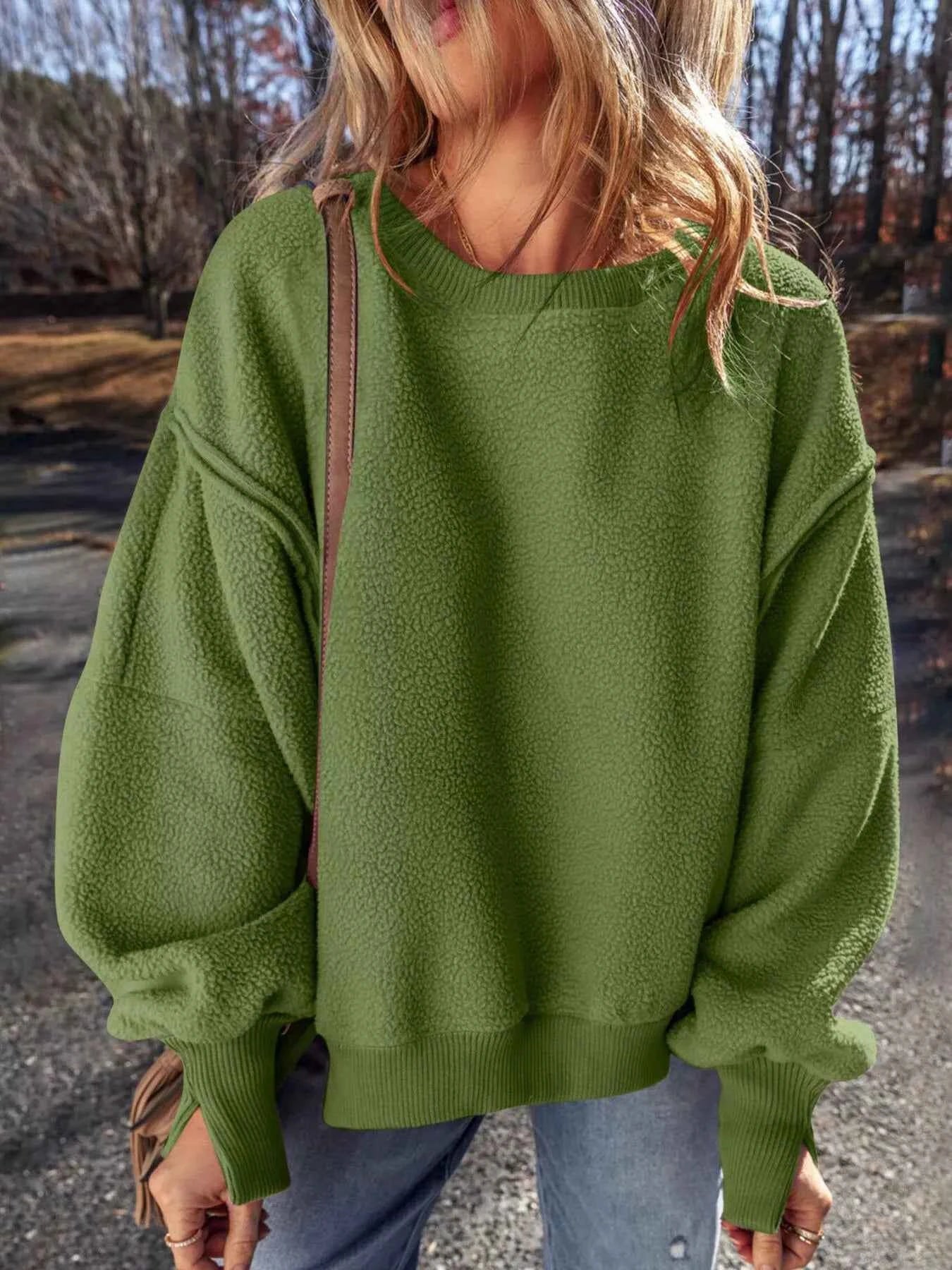 Round Neck Dropped Shoulder Sweatshirt Army Green 577f60f2-9cb8-4f39-964a-f57139fde2b0-Max-Origin