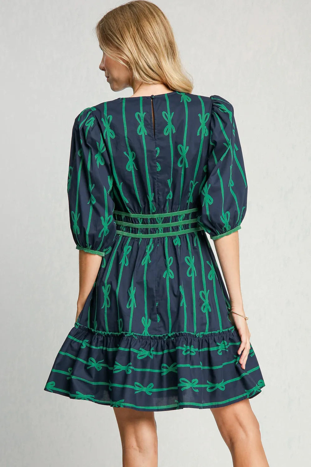 Umgee Ribbon Print Frill Contrast Velvet Trim Half Sleeve Dress 578025fc-8685-40fd-b919-8e45887fbea7-Max
