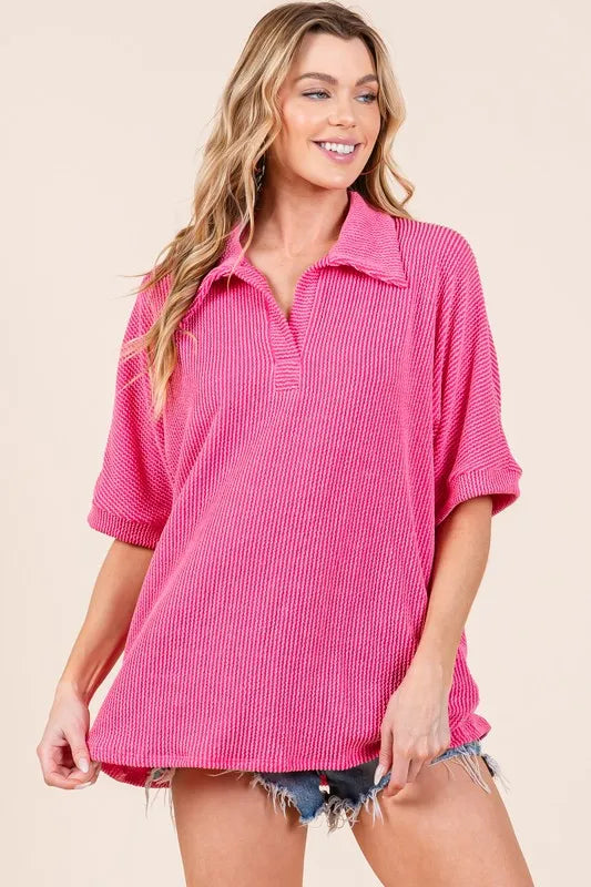 Oversized Ribbed Collared Neck Top - Basic Style 57808dbe47654b389ed593e4a133410a-Max-Origin