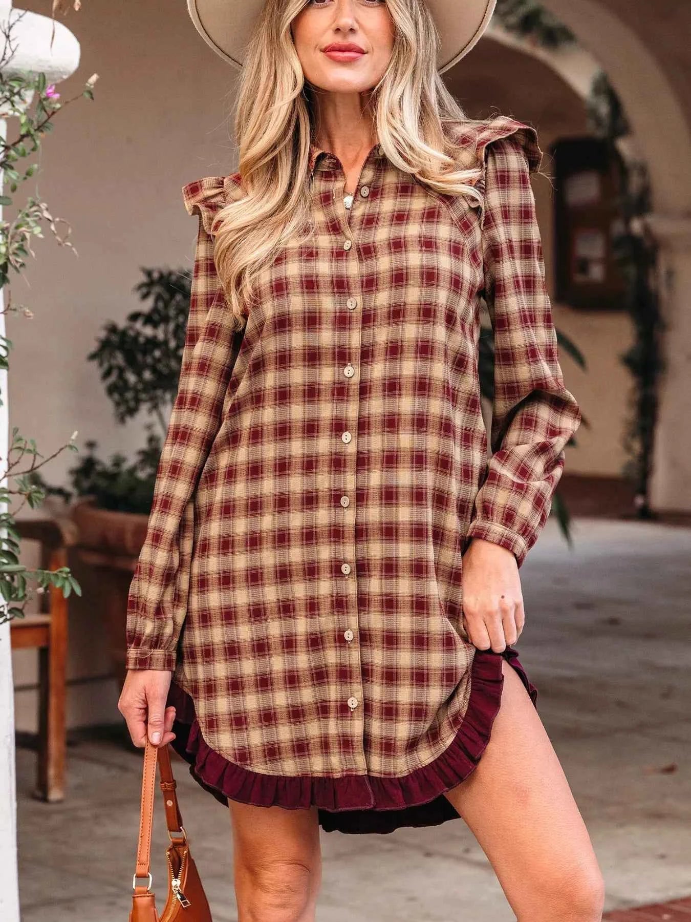 Plaid Print Ruffled Long Sleeve Patchwork Hem Mini Shirt Dress Brown 5783b89f-ea5d-4715-a4cc-fbb053ac8cc9-Max-Origin