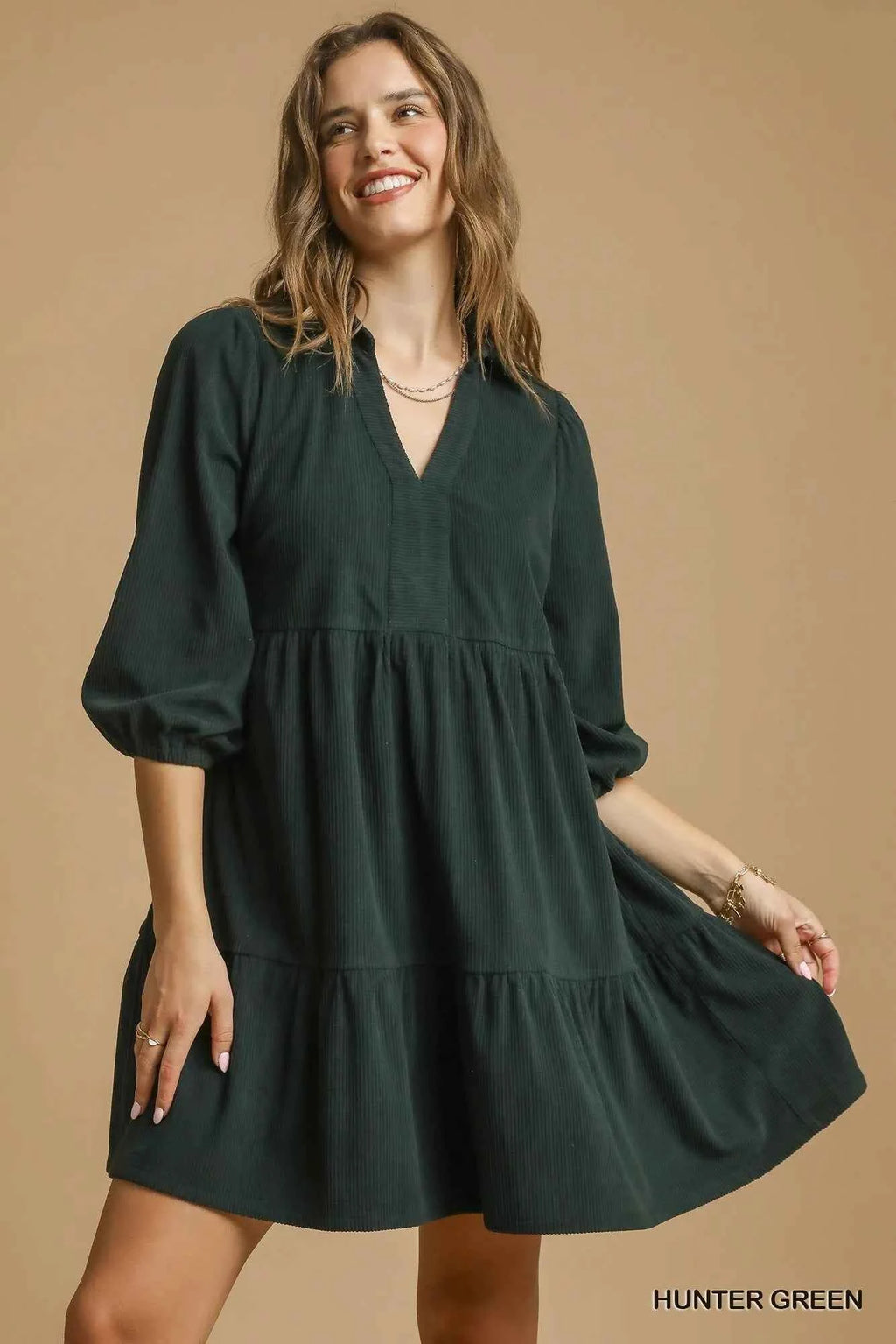 Umgee Tiered Johnny Collar Balloon Sleeve Dress 5786217b-7648-4757-81df-8988a672ad3c-Max-Origin