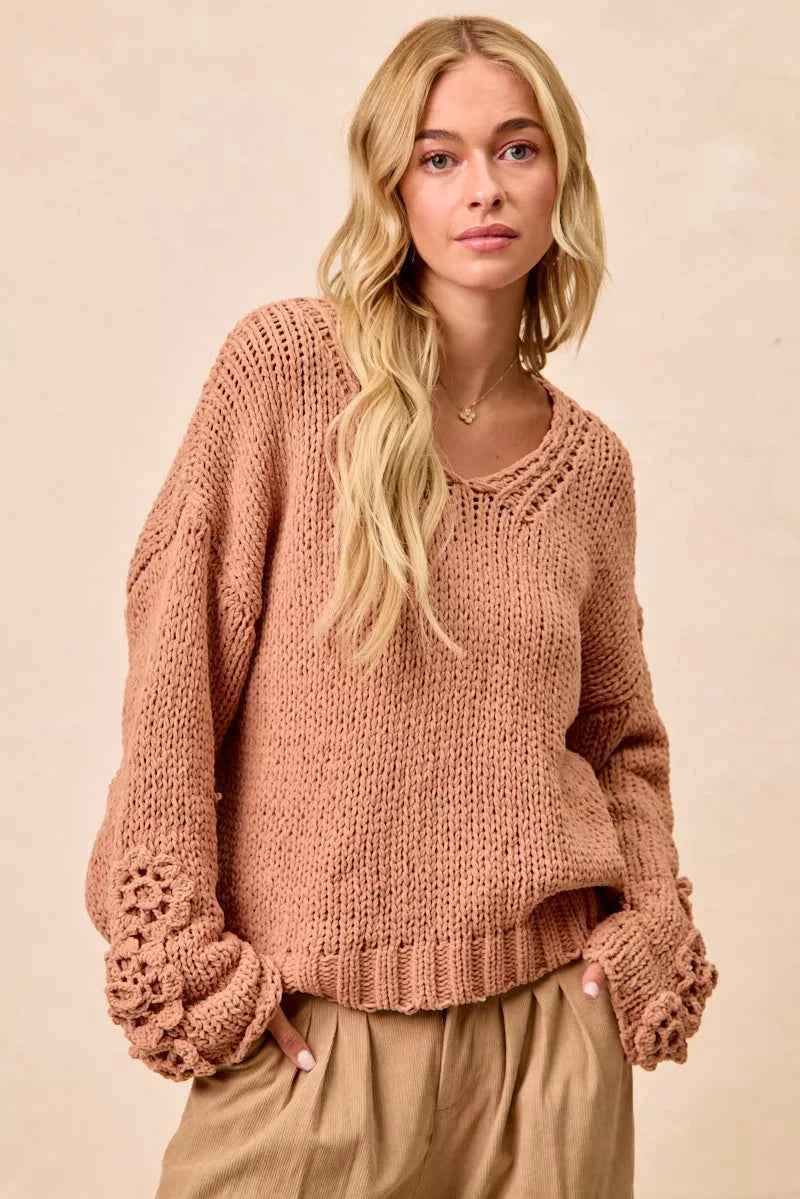 BiBi Chunky Knit Sweater with Flower Detail Sleeves 578759ea5b874bc6b69a7004d418df26-Max-Origin