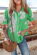 Floral Ric Rac Edge Puff Sleeve Button Up Summer Shirt Green 57882659-6b47-4861-86a6-db89f55c9bad-Max-Origin