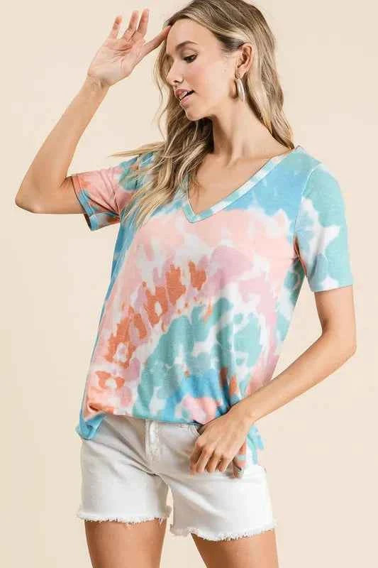 BiBi Circular Tie Dye Print V Neck Top 578ccce1691044119ac2535701860002-Max-Origin
