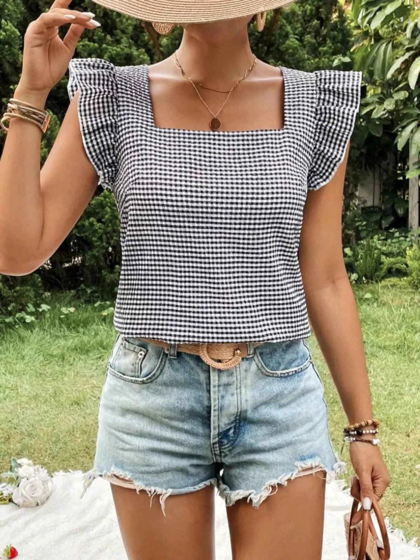 Gingham Ruffle Sleeve Square Neck Blouse 578d04ed-3ad5-4058-a46a-930a954787b8-Max-Origin