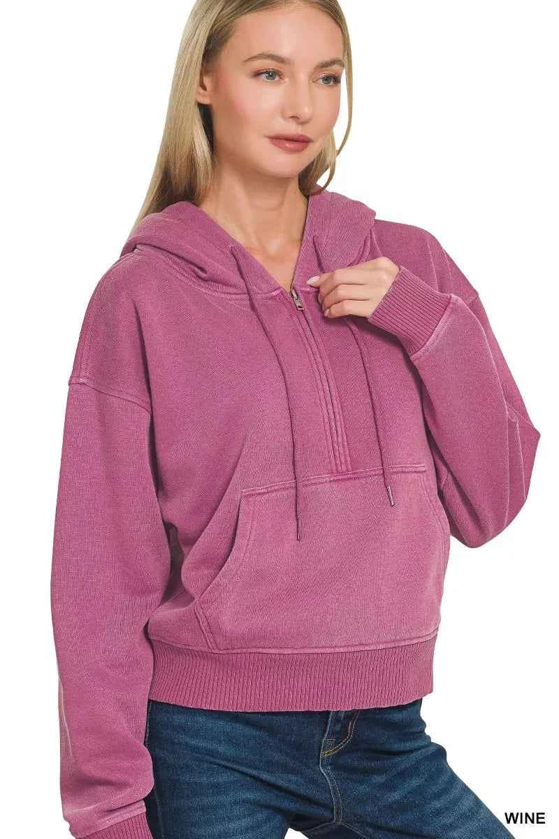 Zenana Fleece Pigment Dye Half Zip Kangaroo Pocket Hoodie 5792bf56c3e741178bfc57beeaa66ec9-Max-Origin