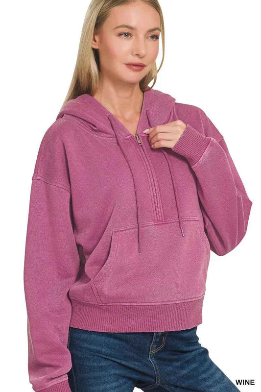 Zenana Fleece Pigment Dye Half Zip Kangaroo Pocket Hoodie 5792bf56c3e741178bfc57beeaa66ec9-Max-Origin