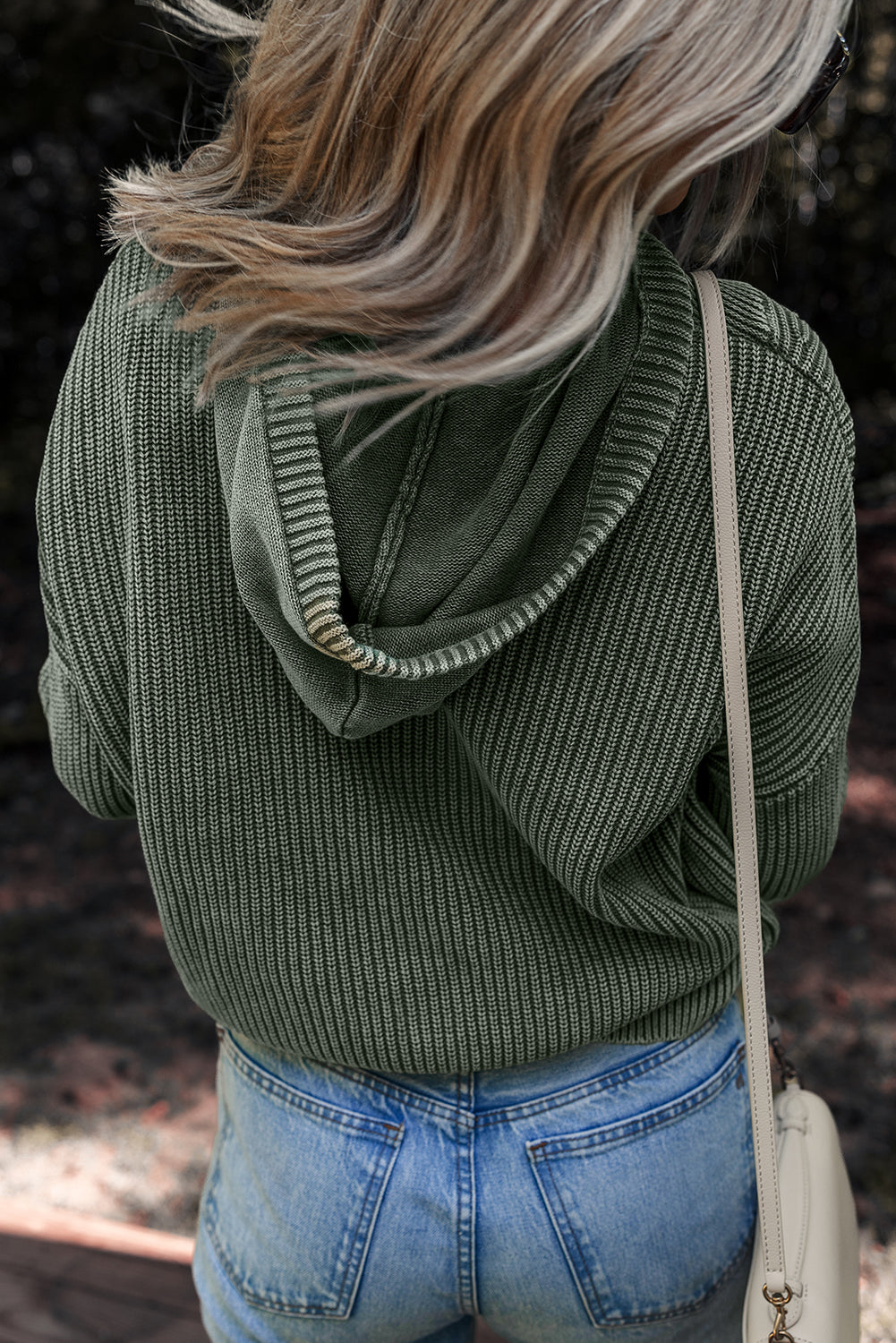Mist Green Mineral Wash Ribbed Knit Drawstring Hooded Sweater 5798b5e0dd38004a