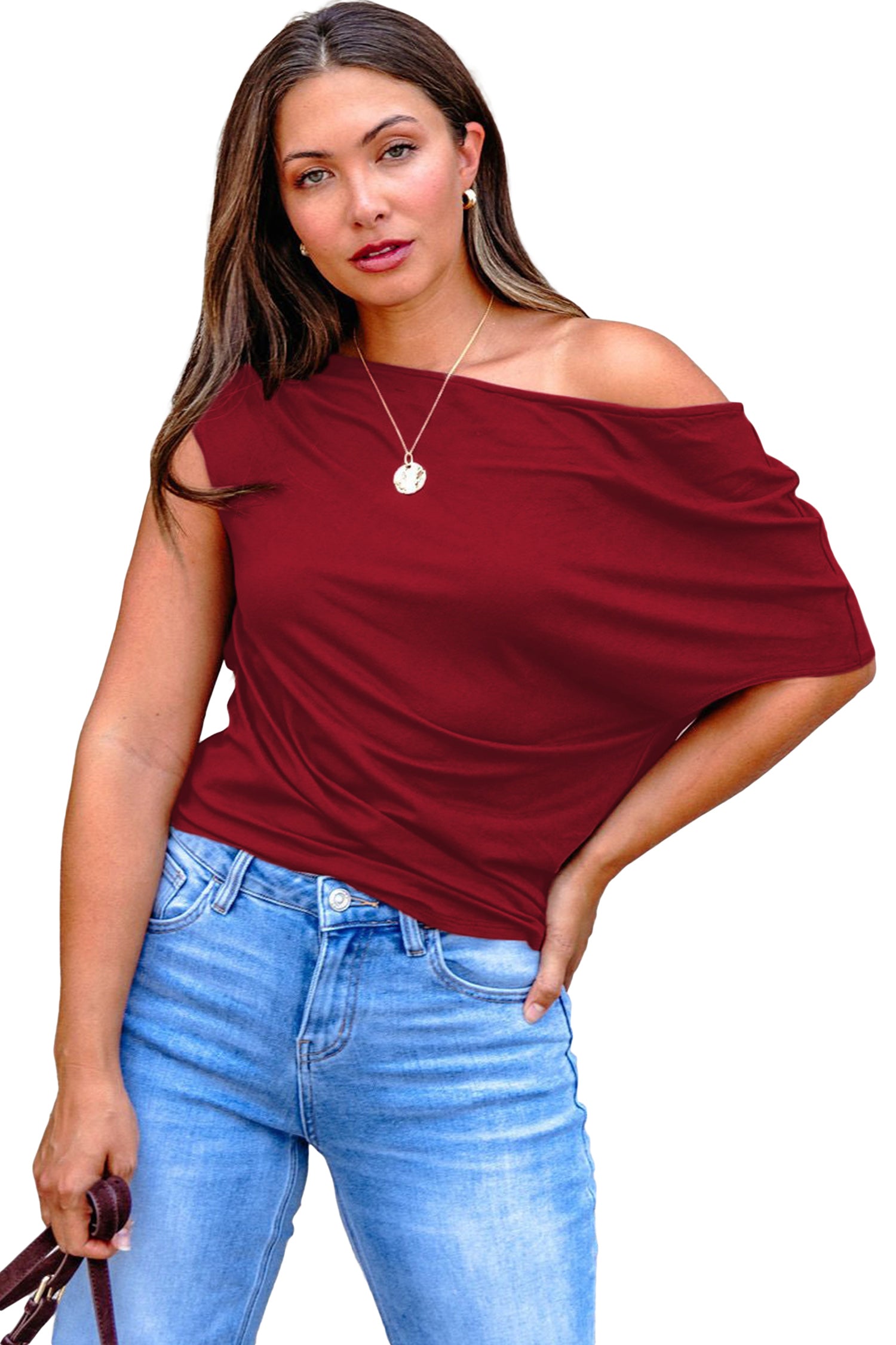 Blue Sapphire Plus Size Solid Color Asymmetric Neck Short Sleeve Blouse 579b39a7b610f621