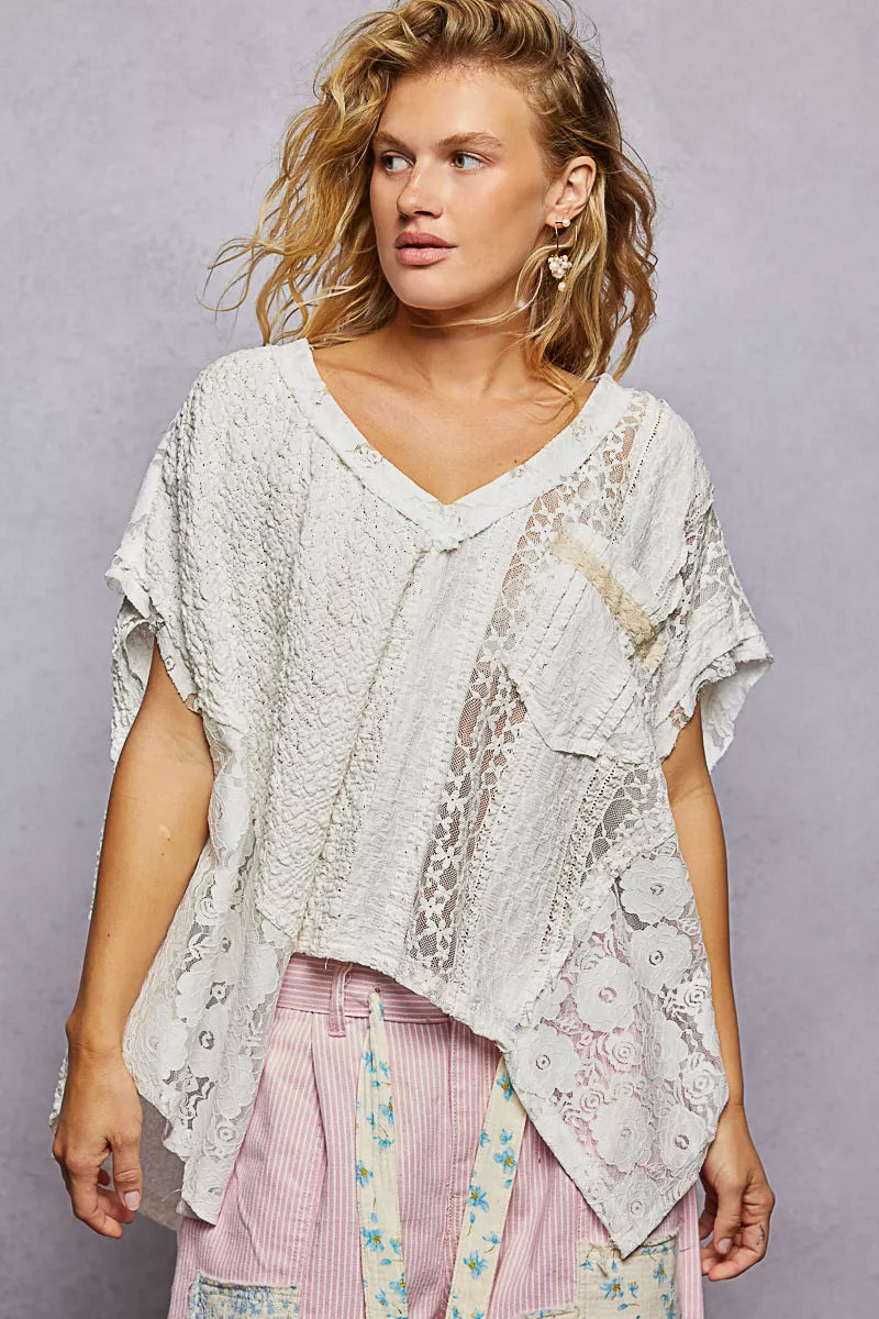 POL Asymmetrical V-Neck Short Sleeve Lace Top OFFWHITE 57ae1de7-0955-487c-8dec-a228cf516166-Max-Origin