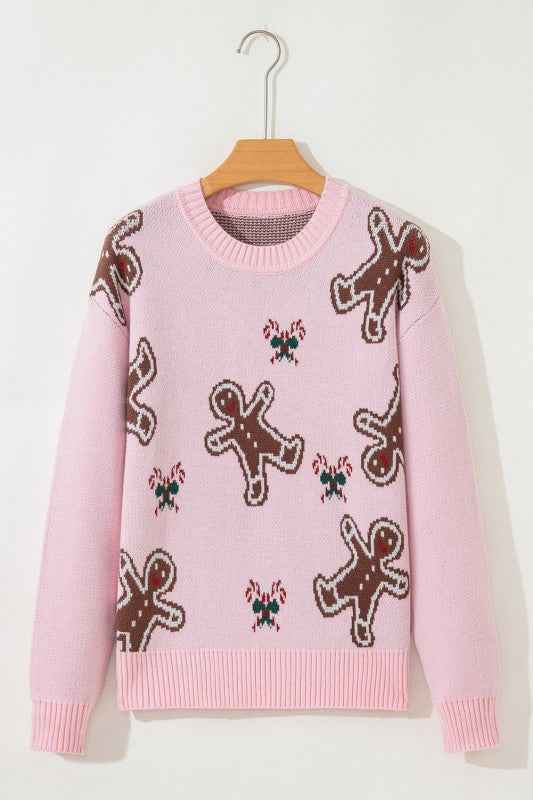 Christmas Ginger Bread Man Round Neck Sweater Pink 57ae7acd-fcab-4637-8d2f-0fca58194dd3