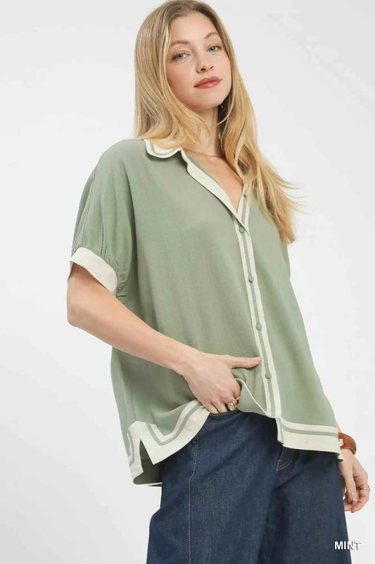 Linen Button Front Top with Contrast Piping 57af542c-7ae9-4d6d-bcd1-7f48e6de8960-Max-Origin