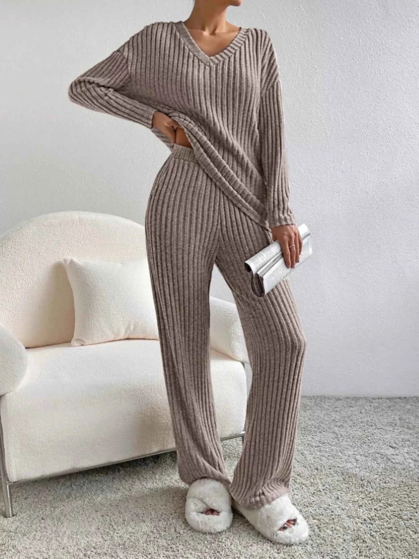 Ribbed V-Neck Top and Pants Set 57b231494c644859b39847c0b66f13c5-Max-Origin