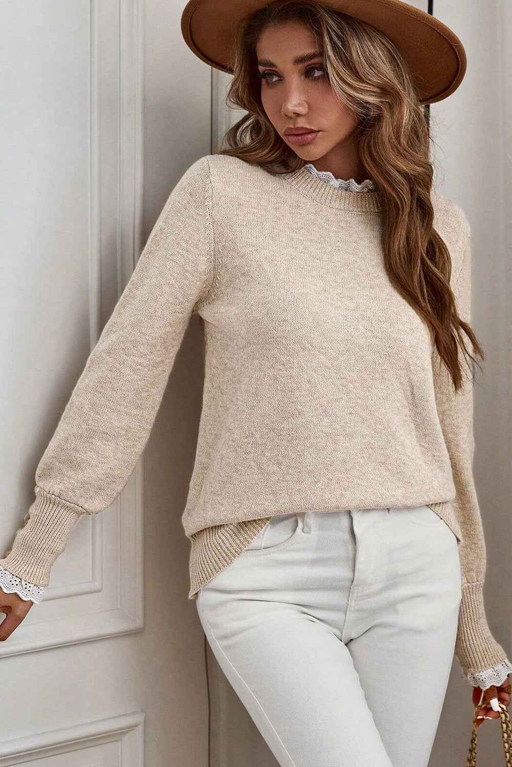 Racing Red Lace Trim Patchwork Buttoned Cuffs Loose Sweater 57b23236e6e48030