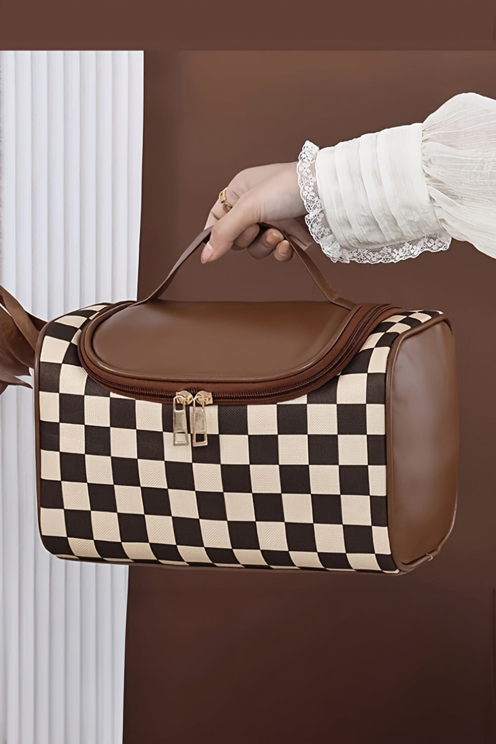 Checkered Zipper Large Cosmetic Bag with Handle 57b36936e0fd9282