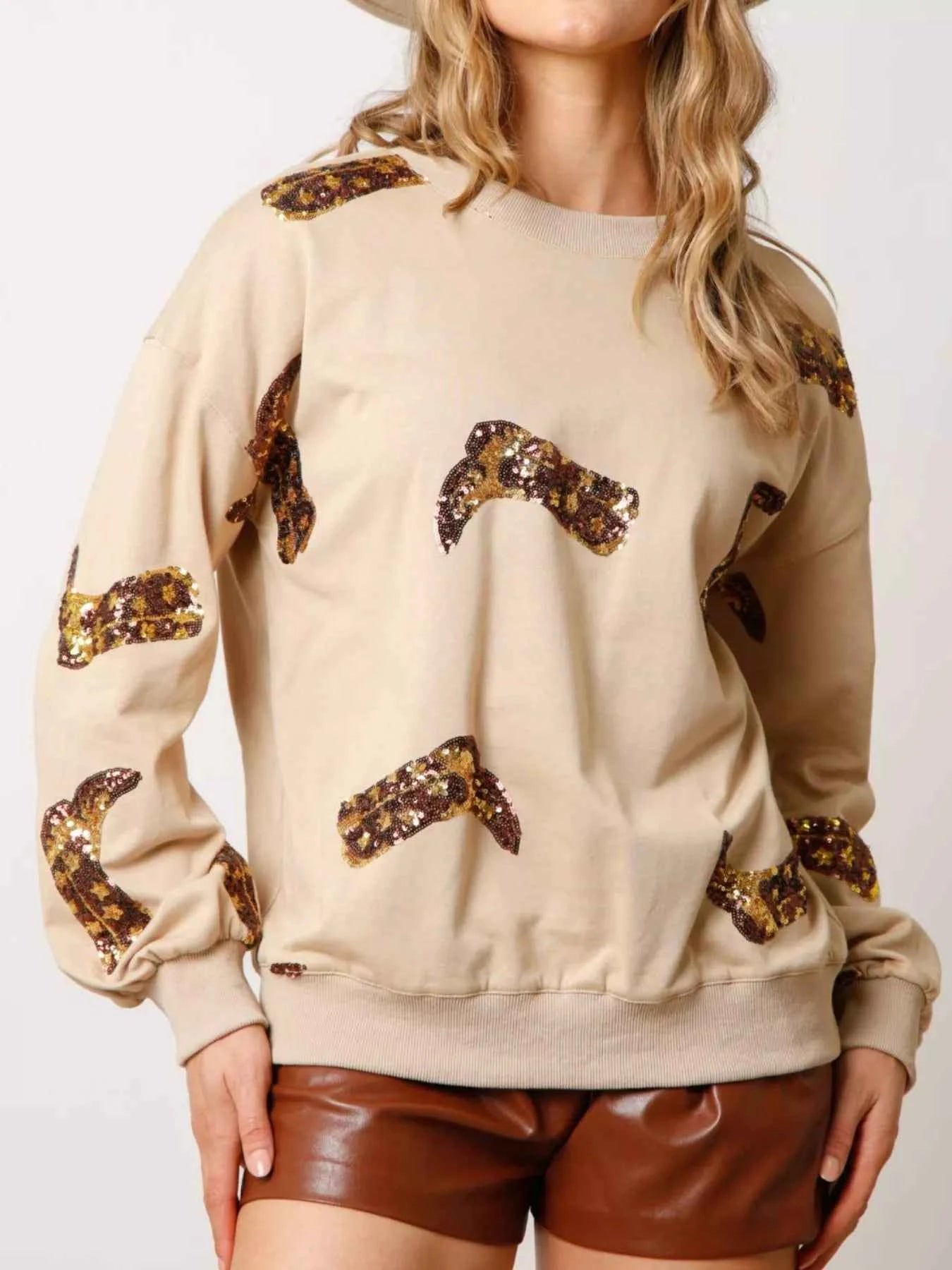 Sequin Boot Crewneck Sweatshirt Khaki 57ba1c55-c3ee-4143-b6f8-320e8283b33a-Max-Origin
