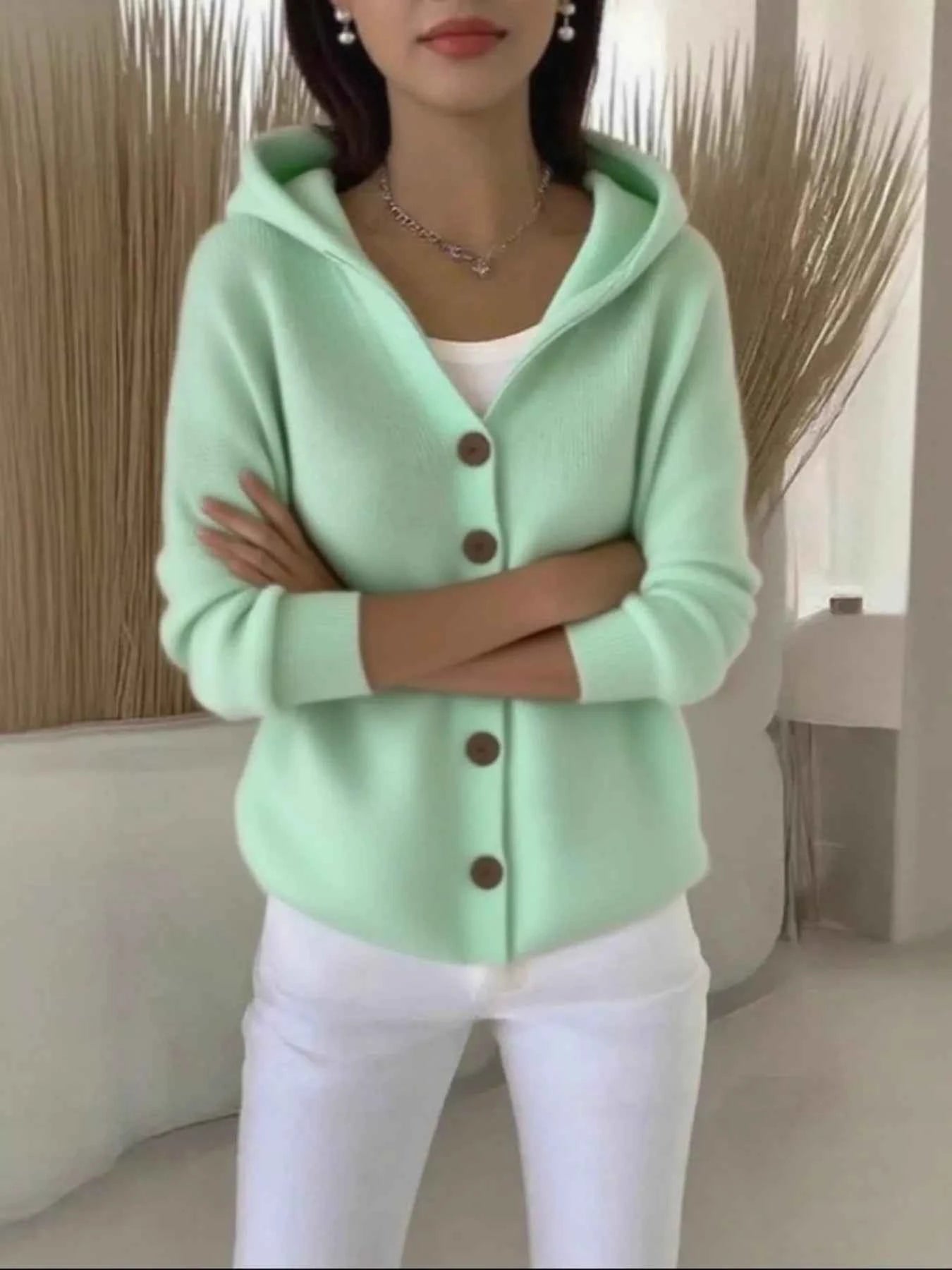 Full Size Hooded Button-Down Knit Cardigan Plus Size Light Green 57bdcbbdefb14335ae9f97e07d76976c-Max-Origin