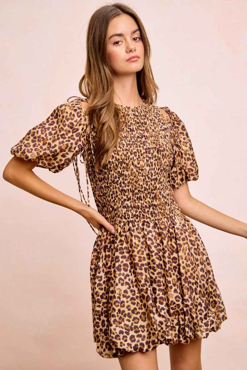 BiBi Leopard Bow Tie Attachable Puff Sleeves Dress 57bf4b375be84b6d922f608fc77e135a-Max