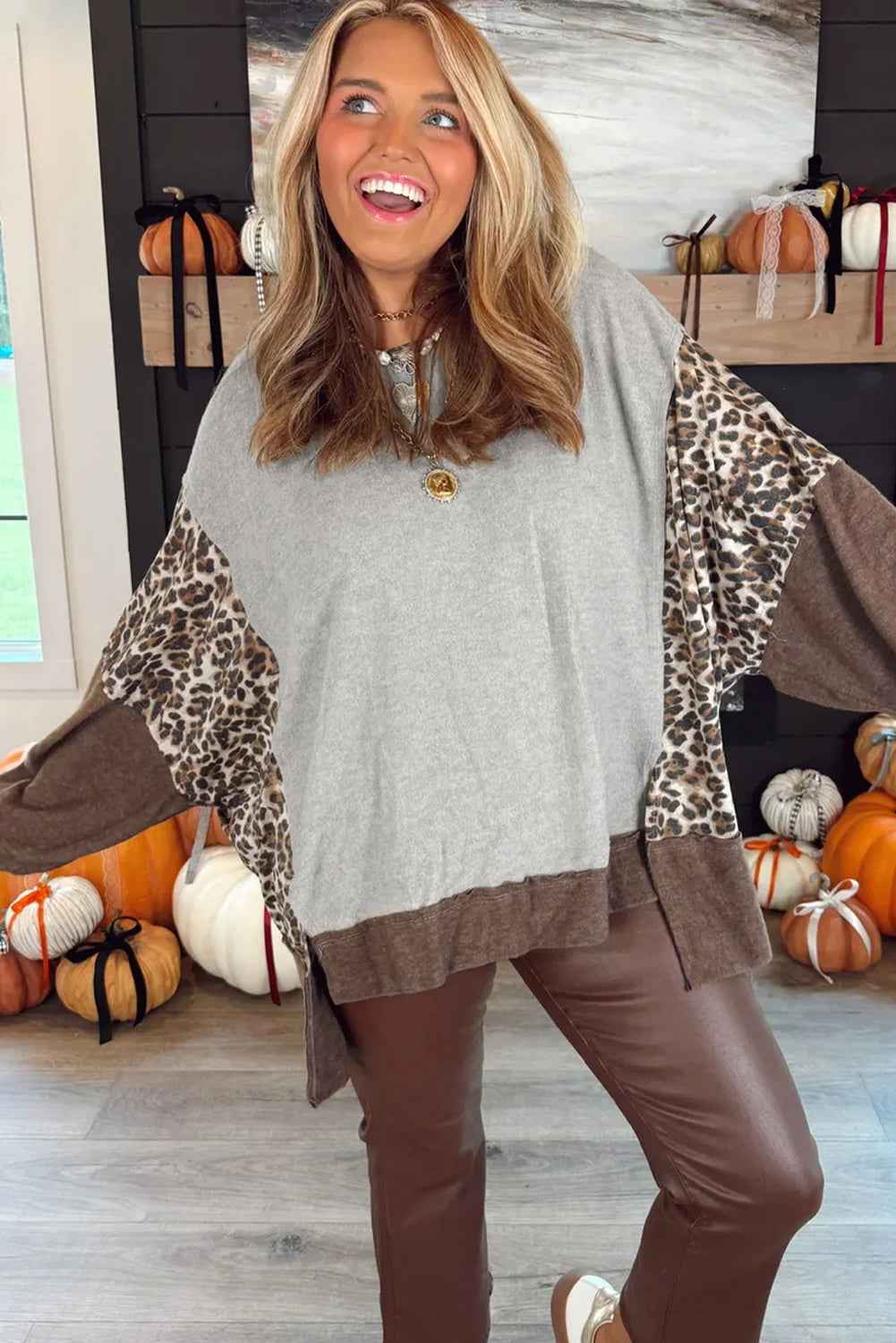 Gray Plus Size Leopard Patchwork Baggy Sweatshirt 57c423e4a1a13fd0