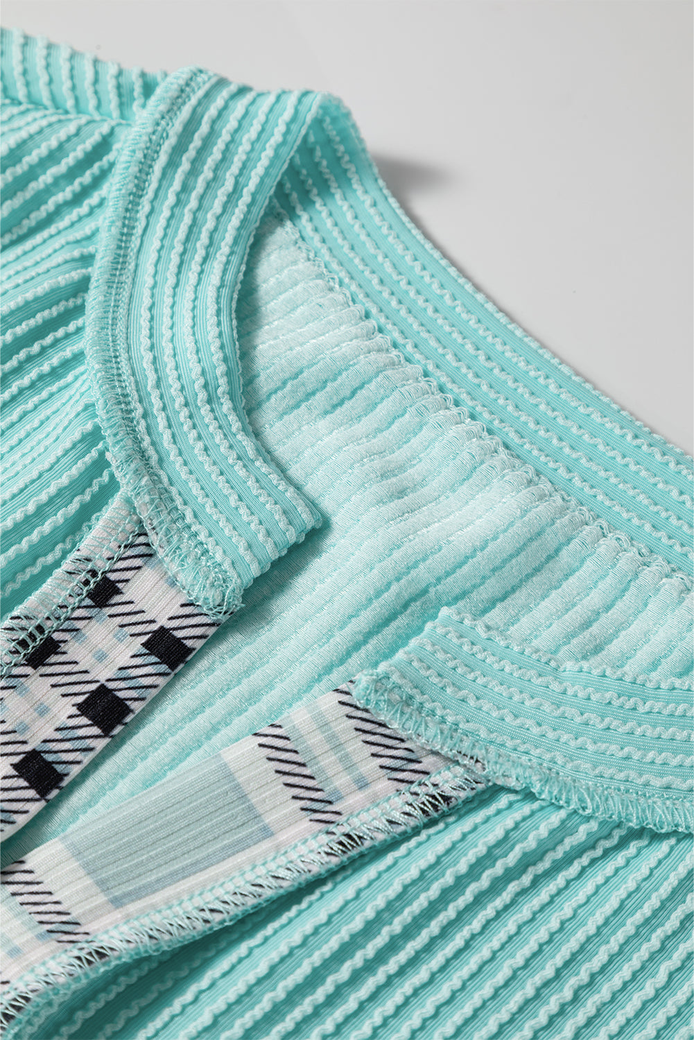 Aruba Blue Corded Texture Plaid Patchwork Split Neck Long Sleeve Top 57c456b1a4a50853