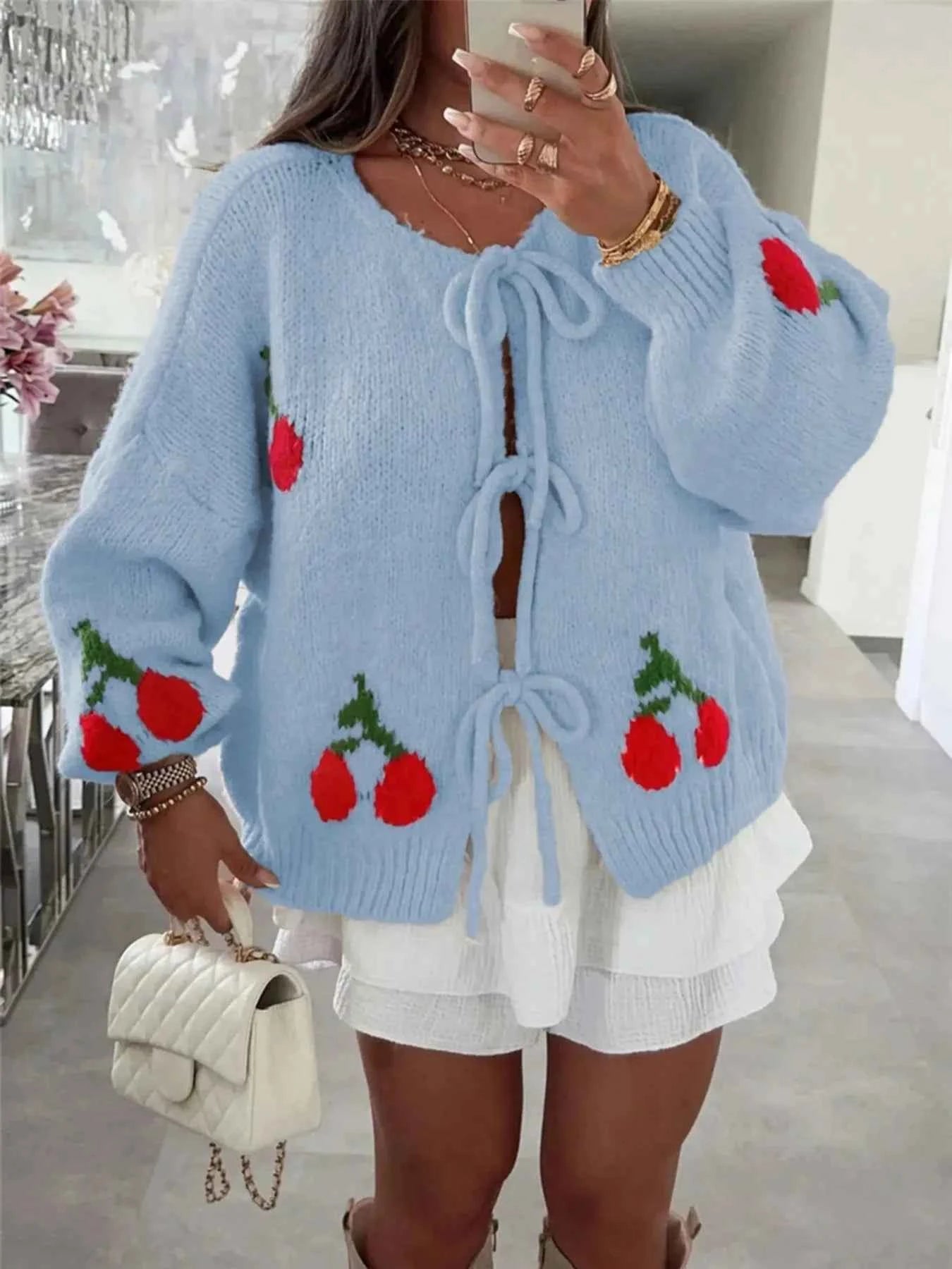 Cherry Pattern Tie-Front Oversized Cardigan Light Blue 57c81e3d2a6a4bfd9b96c83b0252e359-Max-Origin