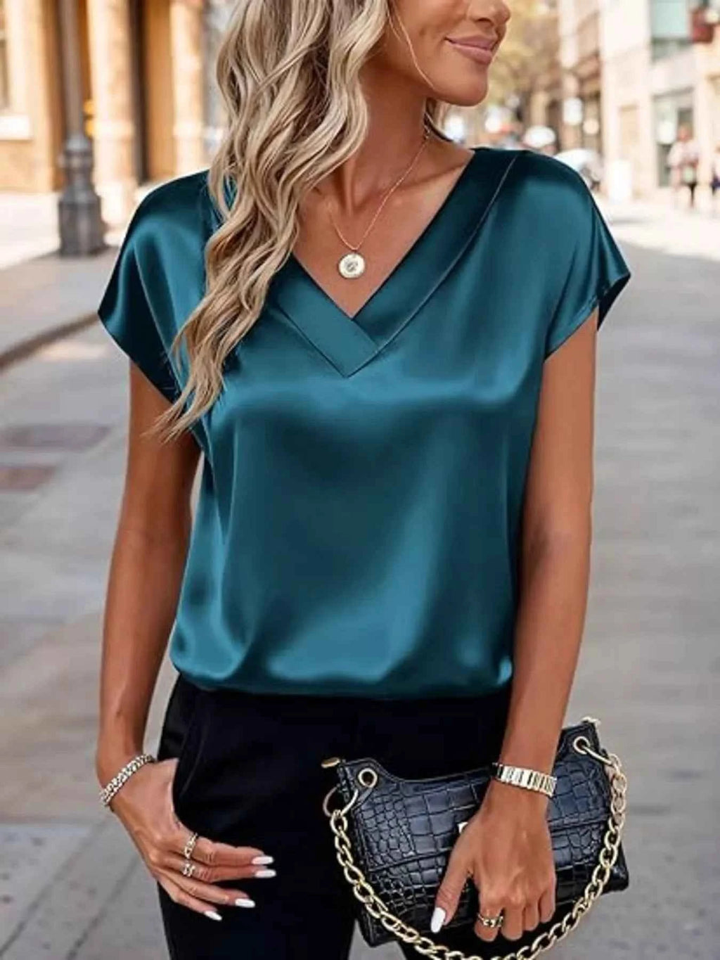 Satin V-Neck Short Sleeve Blouse 57c862576ddd4e68a51df17e2b78fcf0-Max-Origin