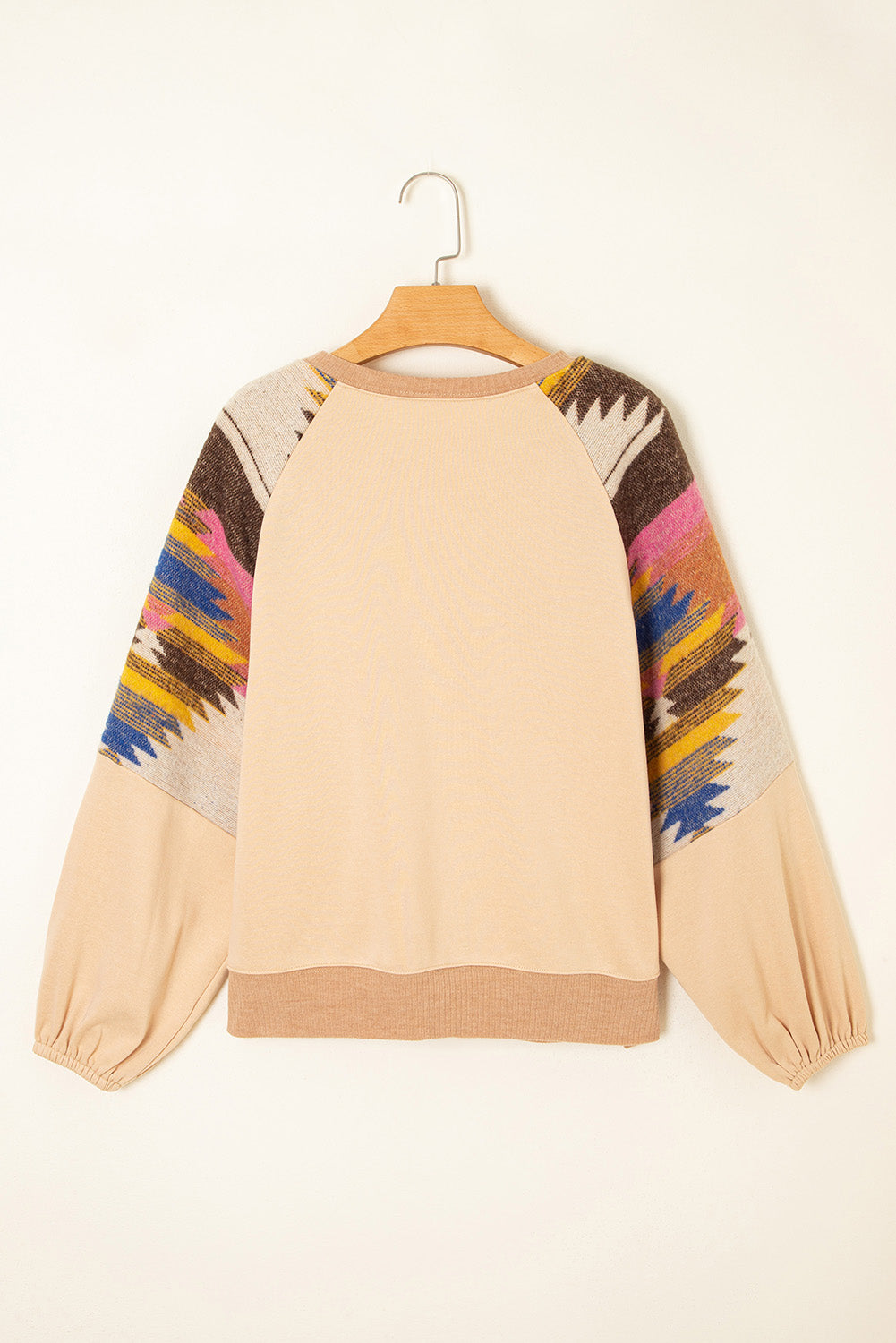 Light French Beige Geometric Patchwork Raglan Sleeve Pullover Sweatshirt 57ca5dcee1d95cc3