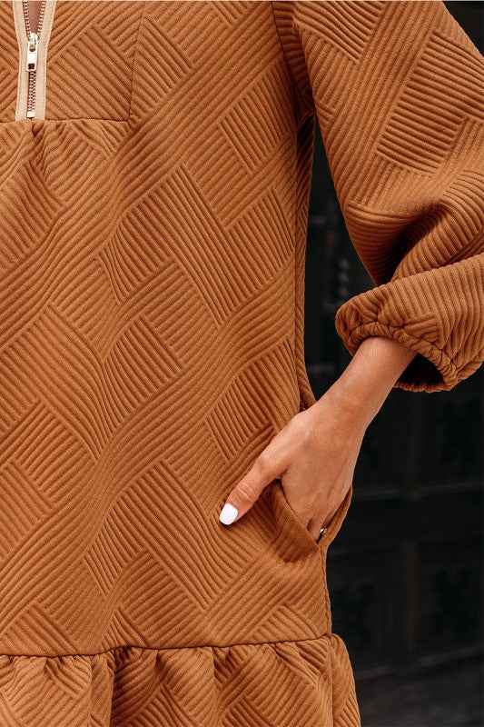 Textured Quarter Zip Collar 3/4 Sleeve Mini Dress 57ce6ff2-9ea7-4bc4-aca2-4c09fcc8430f