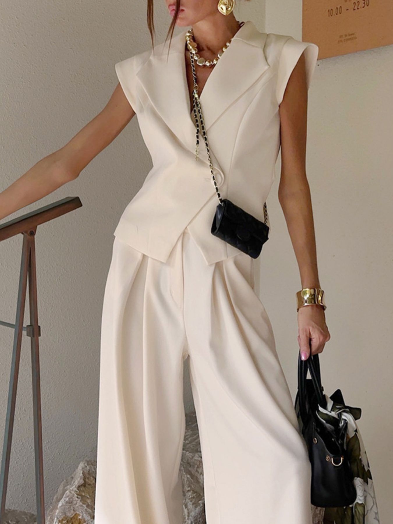 One Button Blazer & Wide Leg Pants Set Cream 57d463ff-1086-42a1-aae7-607dddf25b4e-Max