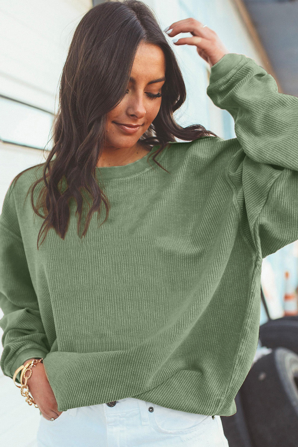 White Drop Shoulder Rib Knit Oversized Sweatshirt 57dc68a731bafd1f