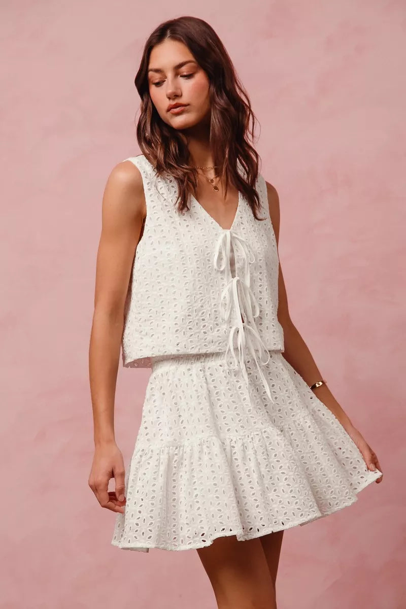SO ME Floral Eyelet Lace Tie Front Vest Top and Tiered Mini Skirt Set 57dcca07471a4816ad5df464881e9eea-Max-Origin