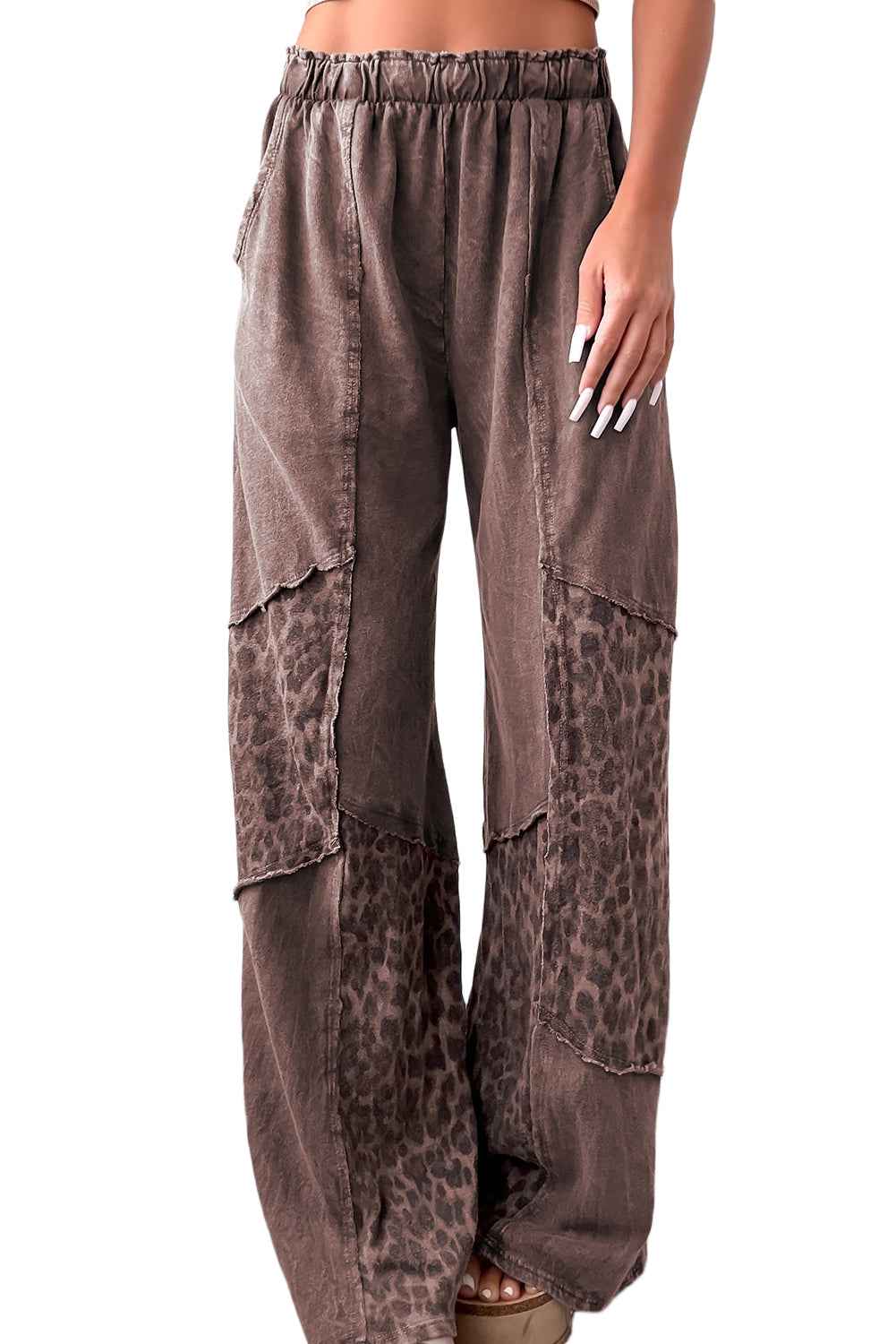 Coffee Mineral Wash Leopard Patchwork Loose Pants 57debbfd80ec7501